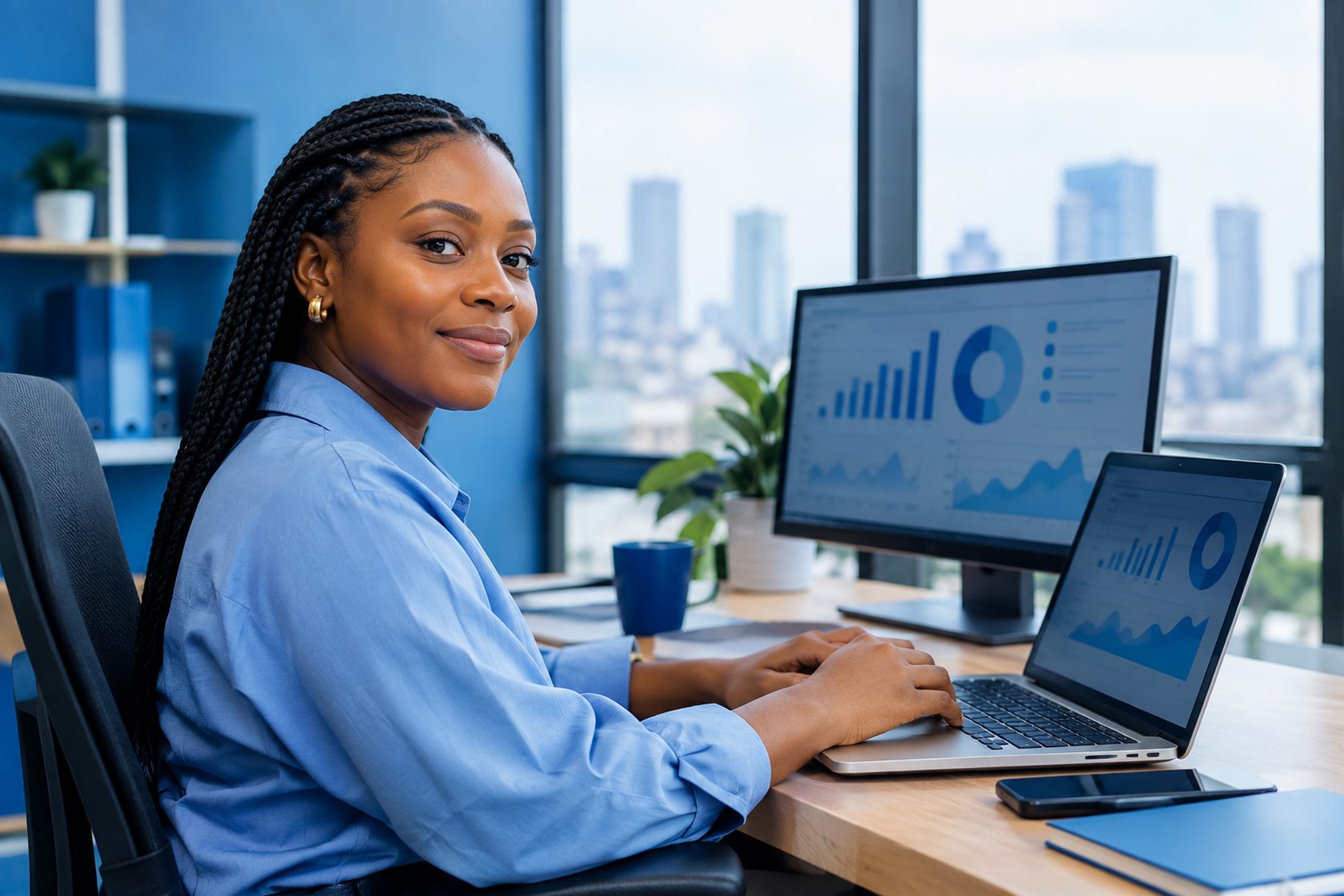 A media buyer reviewing ad spend, orders and delivery on a Revora dashboard in a bright office