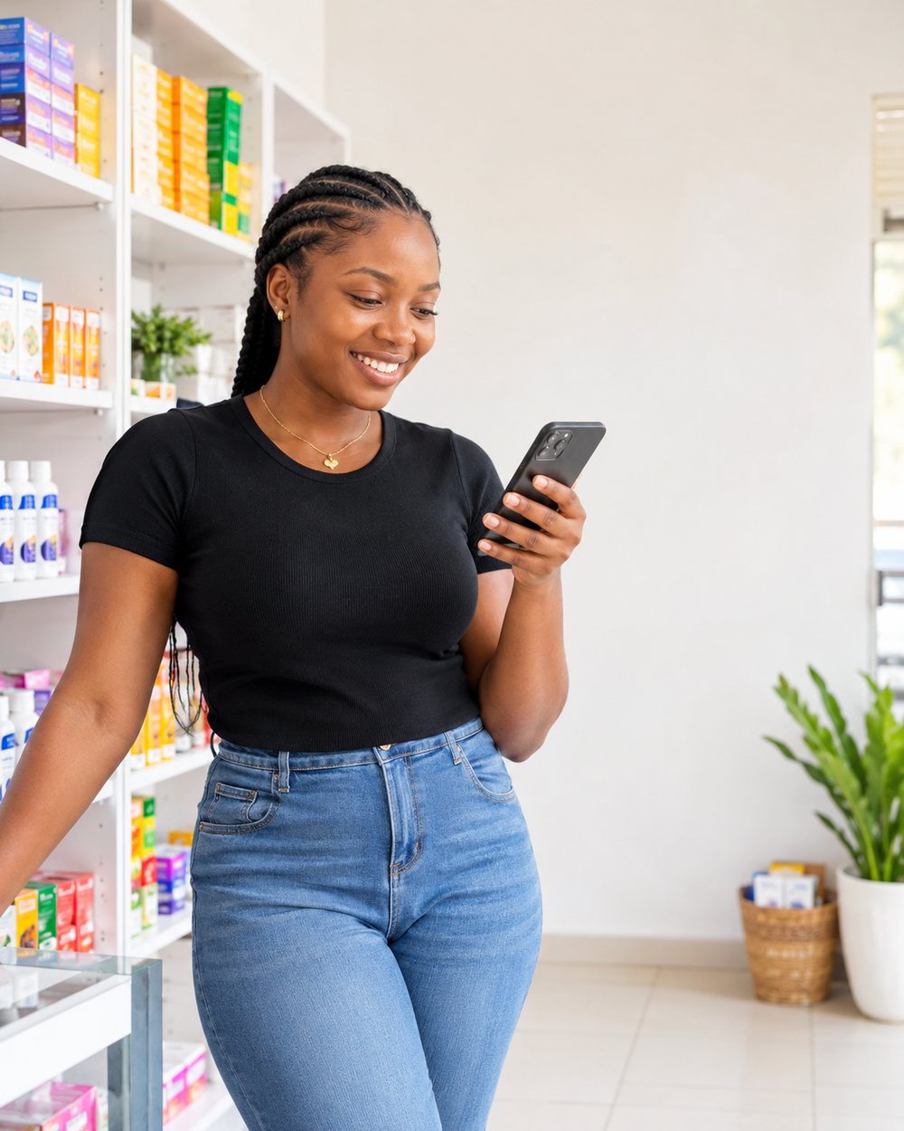 A shop owner checking her phone