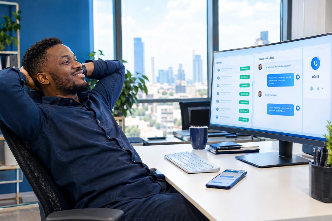 An operations lead watching an AI assistant confirm orders and answer customers automatically