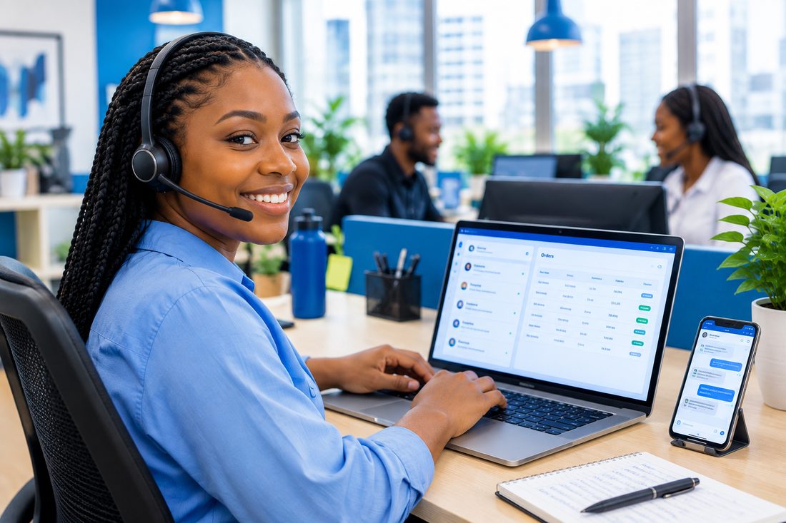 A customer care agent chatting with customers on WhatsApp while the order list updates